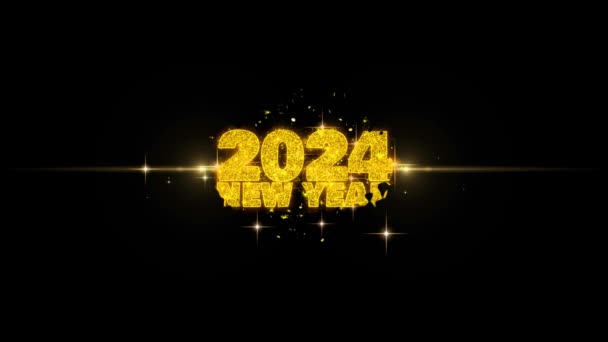 2024 Nieuwjaar tekst wens onthullen op glitter gouden deeltjes vuurwerk. — Stockvideo