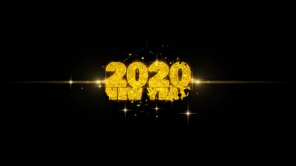 Neujahrswunsch 2020 auf goldenem Glitzerteilchen-Feuerwerk. — Stockvideo