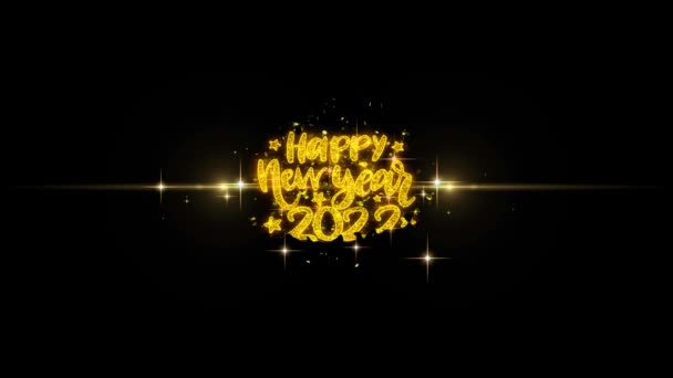 Szczęśliwego nowego roku 2022 tekst chcą ujawnić na Glitter złote cząstki fajerwerkami. — Wideo stockowe