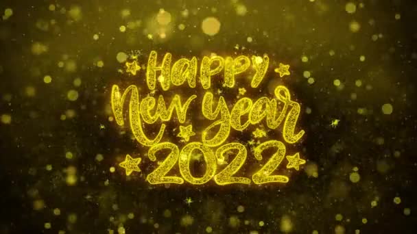 Šťastný nový rok 2022 přání textu na zlaté Třpycení částic animace.
