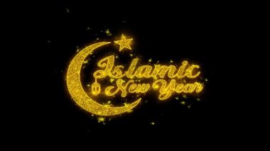 İslami Yeni Yıl dilek Metin Siyah Arka Plan Üzerinde Parçacıklar Kıvılcımlar.