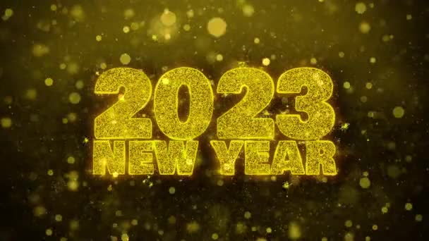 2023 nytt år Sky Wish text på gyllene glitter Shine partiklar animation. — Stockvideo