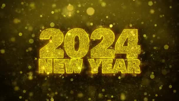2024 Nieuwjaar wens tekst op gouden glitter glans deeltjes animatie. — Stockvideo