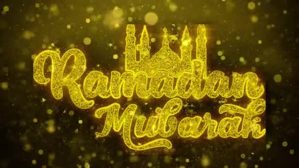 Ramadan Mubarak Wish text på gyllene glitter Shine partiklar animation. — Stockvideo