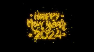 Mutlu Yeni Yıl 2024 dilek Metin Siyah Arka Plan Üzerinde Parçacıklar Kıvılcımlar.