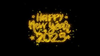 Mutlu Yeni Yıl 2023 dilek Metin Siyah Arka Plan Üzerinde Parçacıklar Kıvılcımlar.