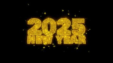 2025 Yeni Yıl dilek Metin Siyah Arka Plan Üzerinde Parçacıklar Kıvılcımlar.