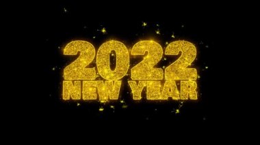 2022 Yeni Yıl dilek Metin Siyah Arka Plan Üzerinde Parçacıklar Kıvılcımlar.