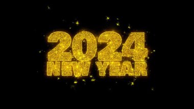 2024 Yeni Yıl dilek Metin Siyah Arka Plan Üzerinde Parçacıklar Kıvılcımlar.