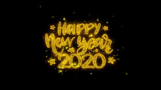 Happy New Year 2020 wish Text Sparks Particles on Black Background. — Stock Video