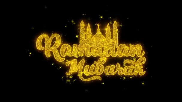 Ramadan Mubarak Wunschtext funkt Partikel auf schwarzem Hintergrund. — Stockvideo