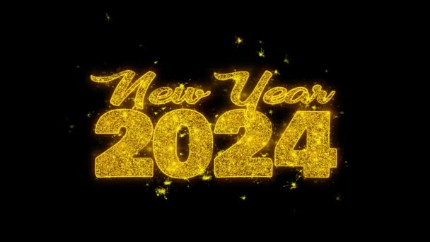 Nieuwjaar 2024 wens tekst vonken deeltjes op zwarte achtergrond. — Stockvideo