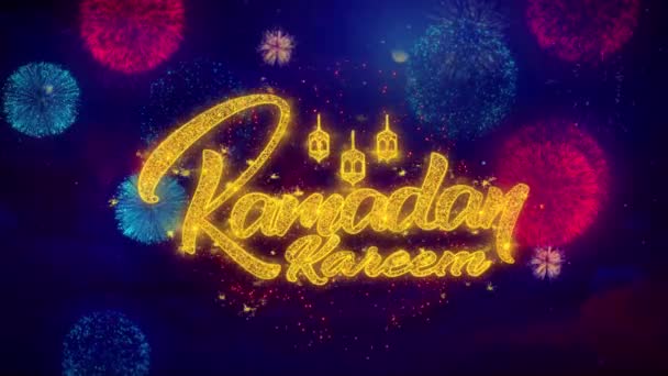 Ramadan Kareem wish Text on Colorful Ftirework Explosion Particles. — Stock Video