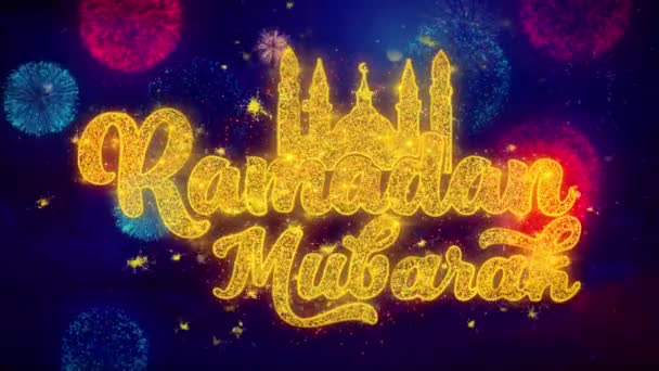 Ramadan Mubarak wish Text on Colorful Ftirework Explosion Particles. — Stock Video