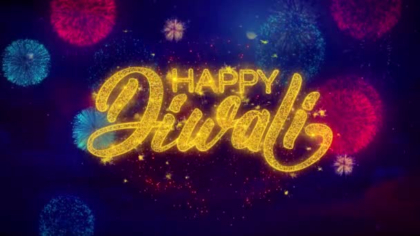 Feliz Diwali deseo texto sobre colorido Ftirework explosiones partículas . — Vídeo de stock