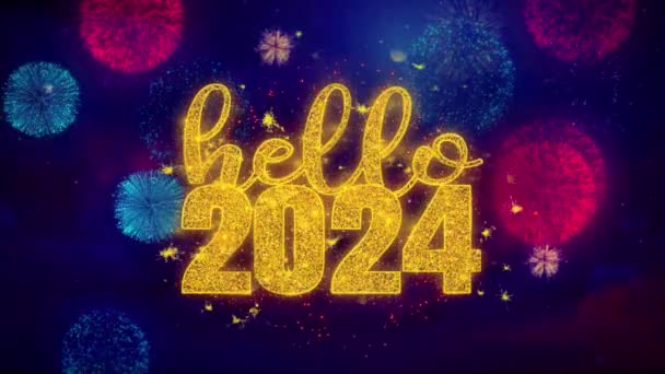 Olá 2024 desejo Texto sobre Ftirework colorido Partículas de explosão . — Vídeo de Stock