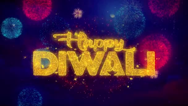 Feliz Diwali deseo texto sobre colorido Ftirework explosiones partículas . — Vídeos de Stock