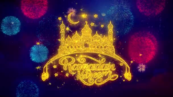 Ramadan Kareem wish Text on Colorful Ftirework Explosion Particles. — Stock Video