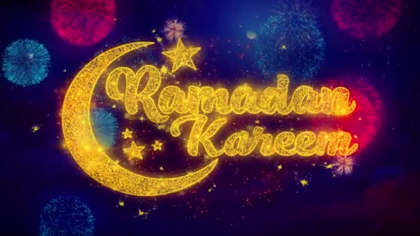 Ramadan Kareem chcą tekst na kolorowe Ftirework cząstek eksplozji. — Wideo stockowe