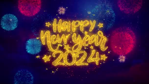 Feliz Año Nuevo 2024 deseo texto sobre colorido Ftirework partículas de explosión . — Vídeo de stock