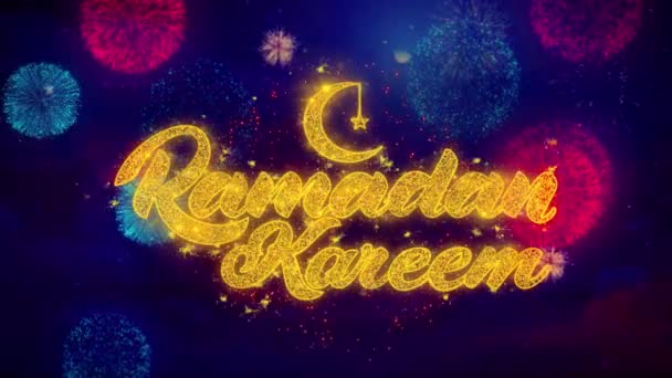 Ramadan Kareem wish Text on Colorful Ftirework Explosion Particles. — Stock Video