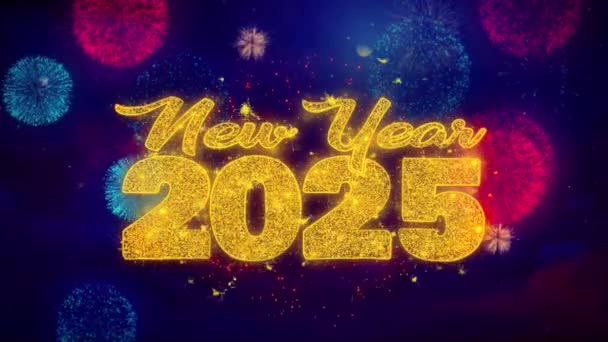 Ano Novo 2025 desejo Texto sobre Colorido Ftirework Explosão Partículas . — Vídeo de Stock
