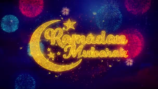 Ramadan Mubarak wens tekst over kleurrijke Ftirework explosie deeltjes. — Stockvideo