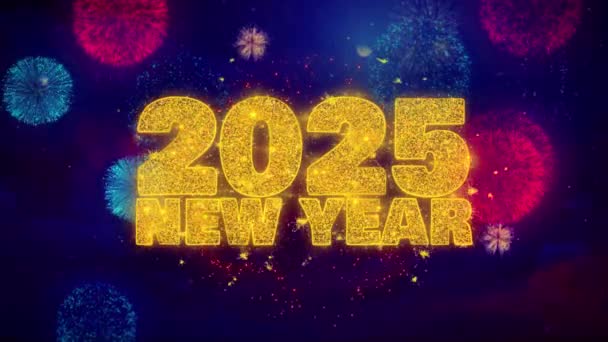 2025 νέο έτος επιθυμία κείμενο για πολύχρωμα εκρηκτικά σωματίδια έκρηξης. — Αρχείο Βίντεο