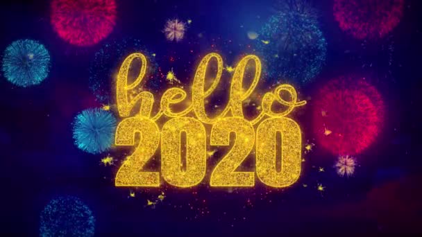 Hola 2020 deseo texto sobre colorido Ftirework partículas de explosión . — Vídeo de stock