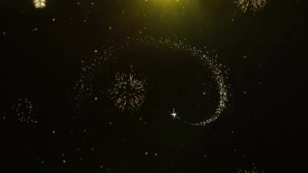 Deseo de texto de Eid Mubarak en la pantalla de fuegos artificiales Partículas de explosión . — Vídeo de stock