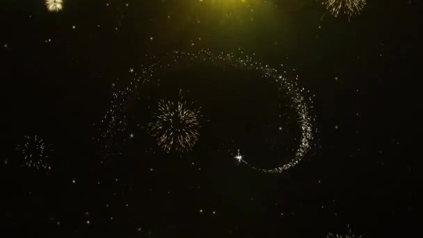Eid al-Adha mubarak Text wish on Firework Display Explosion Particles. — Stock Video