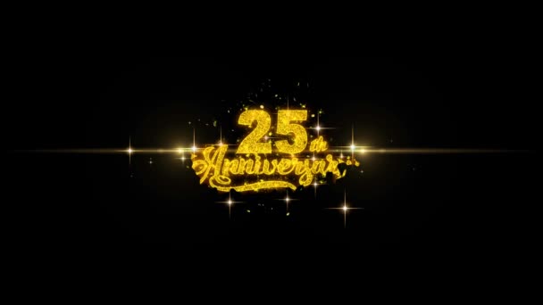 25. Happy Anniversary gyllene text blinkande partiklar med gyllene fyrverkeri — Stockvideo