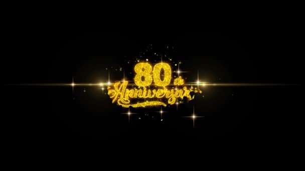80ste gelukkige verjaardag gouden tekst knipperende deeltjes met gouden Fireworks Display — Stockvideo
