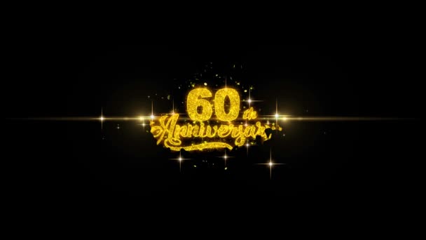 60. Happy Anniversary gyllene text blinkande partiklar med gyllene fyrverkeri — Stockvideo