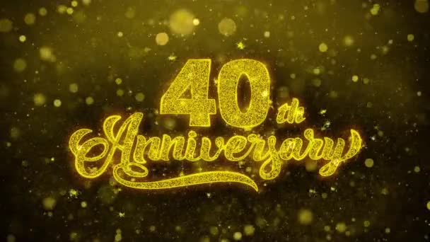 40 η ευτυχισμένη επέτειος χρυσό κείμενο αναβοσβήνει σωματίδια με χρυσή εμφάνιση πυροτεχνημάτων — Αρχείο Βίντεο