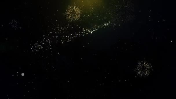 Eid al-Fitr mubarak Text Wish on Gold Particles Fireworks Display. — Stock Video