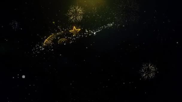 Eid al-Fitr mubarak texto desejo na exibição de fogos de artifício de partículas de ouro . — Vídeo de Stock