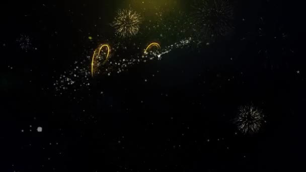 Γεια σας 2024 νέο έτος κείμενο επιθυμία για τα χρυσά σωματίδια εμφάνιση πυροτεχνημάτων. — Αρχείο Βίντεο