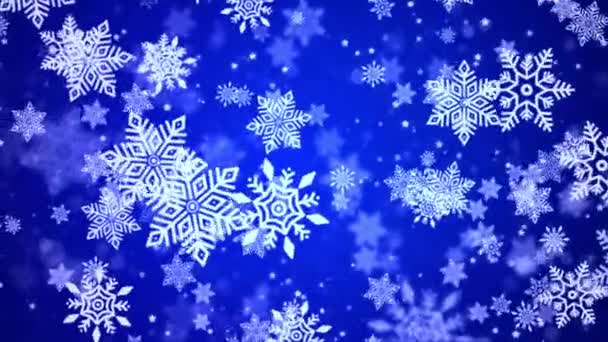 Abstraktní modrý pohyb smyčka pozadí zářící stříbrné Sněhové vločky částice.