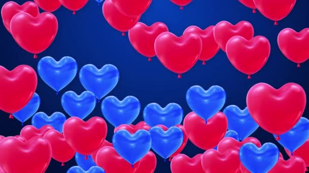 Stelletje rode blauwe hartvormige folie Flying ballonnen op witte achtergrond Alpha Channel. — Stockvideo