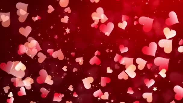 Romantiska skimrande röda och hjärtformade partiklar flyger på en mörk loop bakgrund. — Stockvideo