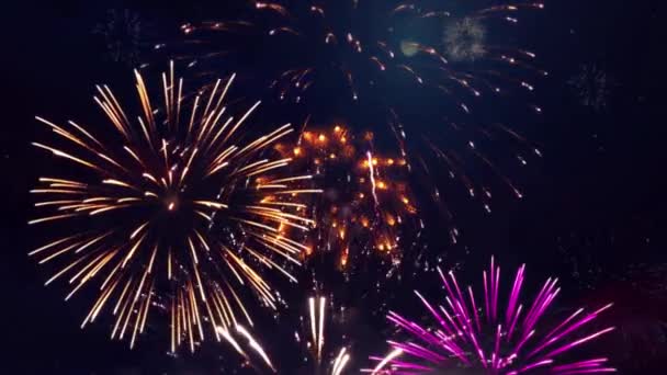 Explosão de fogos de artifício reais 4K na fumaça Foggy black Motion Background loop Sky on Fireworks Explosion. — Vídeo de Stock