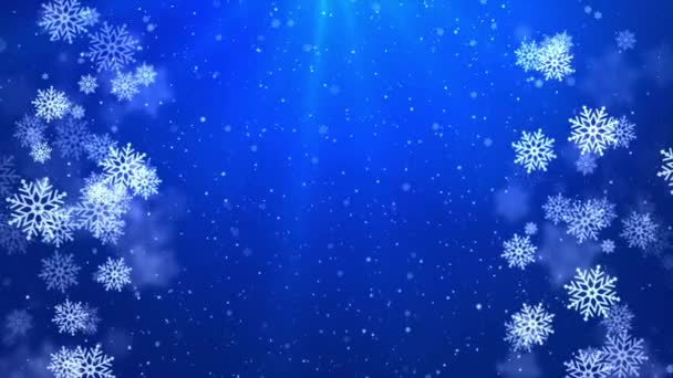 Gros flocons de neige Falling Spinning Blue particules. Chute de neige d'hiver en boucle Animation 3d 4K. — Video