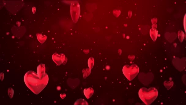 Corazones rojos brillantes Partículas bokeh Movimiento abstracto 4K bucle Animación Fondo. 3D — Vídeos de Stock
