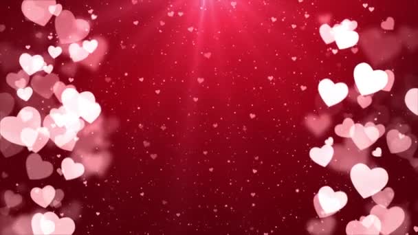 Rotes Herz Fliegen und Partikelstrom Licht Romantische Looping Motion Hintergrund 4k — Stockvideo