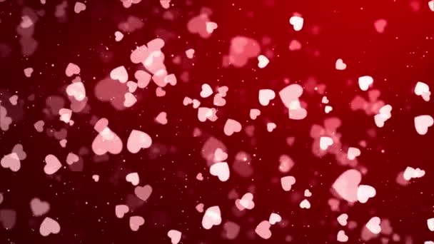 Abstrakte magische rote Herzen fliegen, Glühen Bokeh Reflexion Licht Hintergrund Loop-Animation — Stockvideo