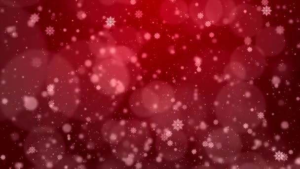 Bulanık bokeh kırmızı ışık karı, kar taneleri, kar taneleri, kar döngüsü arka planı. — Stok video