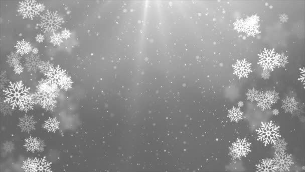 La caída de partículas copos de nieve de animación en la astilla de luz blanca Lente llamarada Loop fondo. — Vídeo de stock