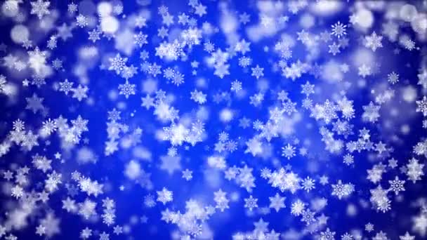 Blått flaksende snøfnugg av partikler. Vakker, avslappende snø Bakgrunn. – stockvideo