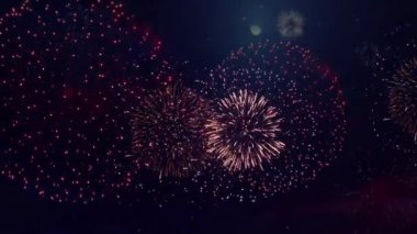 4K Güzel Çok Renkli Havai fişekler Gece Gökyüzünde. Yeni Yıl Havai fişekleri Patlamaları Gösteriyor